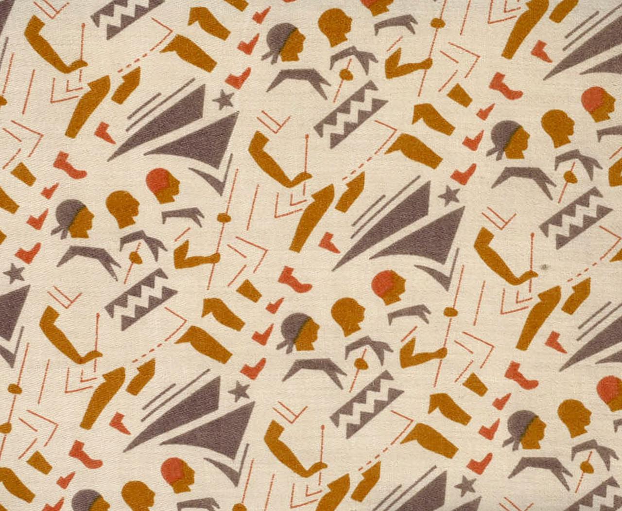 Рис. 6. «Шагающие пионеры», рисунок по ткани, автор Хвостенко Михаил Вениаминович, Большая Кохомская мануфактура, 1920 г., из собрания музея Ивановского ситца.